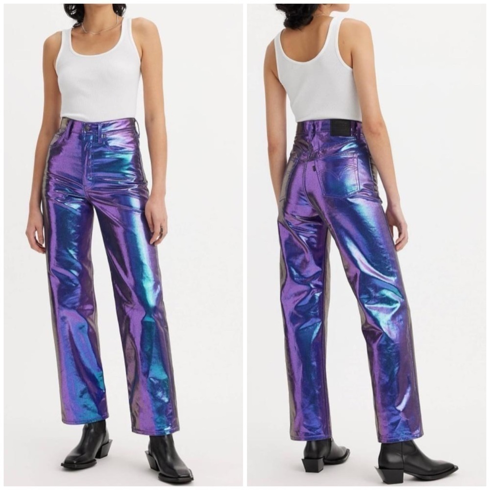 New Levis Shine Ribcage Straight Ankle Jeans Candy Coated Purple Iridescent 26